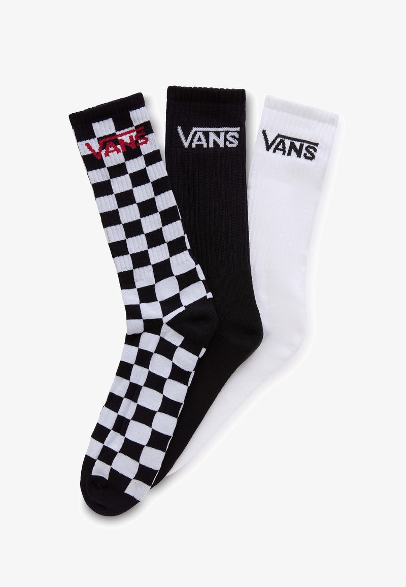 Tre par strømper: et med sort og hvid ternet mønster, et ensfarvet sort, og et ensfarvet hvidt. Hver af dem har "VANS" logoet.