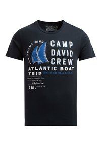 Navy cotton t-shirt with a crew neck. Features white and blue printed nautical-themed text and sailboat graphics. Short sleeves, regular fit.