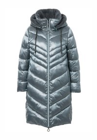 Cappotto puffo argento con motivo a zigzag, cappuccio staccabile foderato in pile grigio, zip frontale e cordino elastico, con una texture luccicante.
