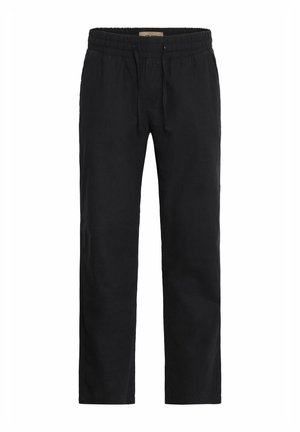 Schwarze Hose mit elastischem Bund und Kordelzug. Hergestellt aus weichem Material, mit geradem Bein und minimaler Detailgestaltung.