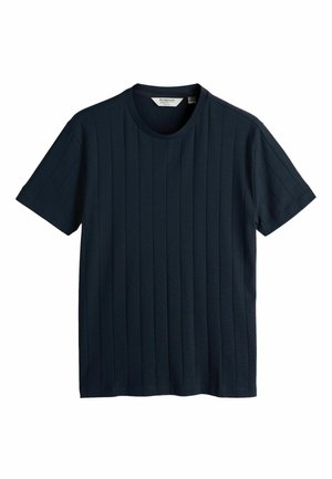 Mørkeblå kortærmet T-shirt med ribbet tekstur og rund halsudskæring, lavet af blødt stof, med lodrette striber hele vejen igennem.