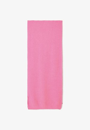 Sciarpa rosa lavorata a maglia, forma rettangolare, con una texture morbida e con estremità a costine per il comfort. Finitura liscia, senza motivi o decorazioni.