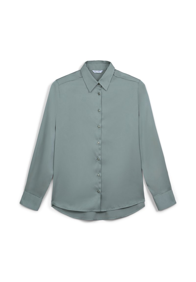 Camicia a maniche lunghe verde chiaro in tessuto liscio. Presenta una chiusura con bottoni sul davanti, colletto classico e orlo curvo. Tasca singola sul lato sinistro.