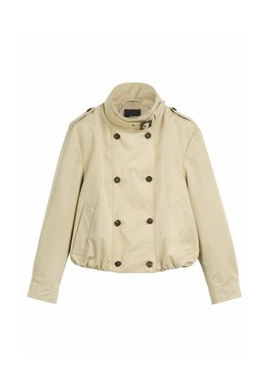 Beżowa dwurzędowa kurtka z ośmioma guzikami, stójką z klamrą, patkami na ramionach, bocznymi kieszeniami i elastycznym dołem.