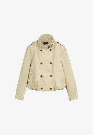 Beżowa dwurzędowa kurtka z ośmioma guzikami, stójką z klamrą, patkami na ramionach, bocznymi kieszeniami i elastycznym dołem.