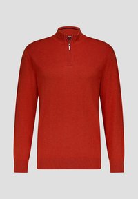 Rode kwart-zip pullover trui gemaakt van gebreid materiaal. Kenmerkt zich door een gestructureerd bovenstuk en geribde manchetten. Gladde body met een minimalistisch ontwerp.