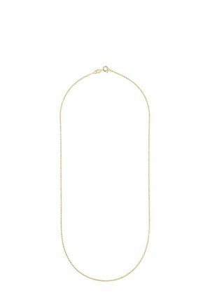 Goldfarbener Halsreif mit feiner Kette und Karabinerverschluss. Verfügt über ein zartes, verbundenes Design, eine glatte Textur und einen dezenten Glanz.