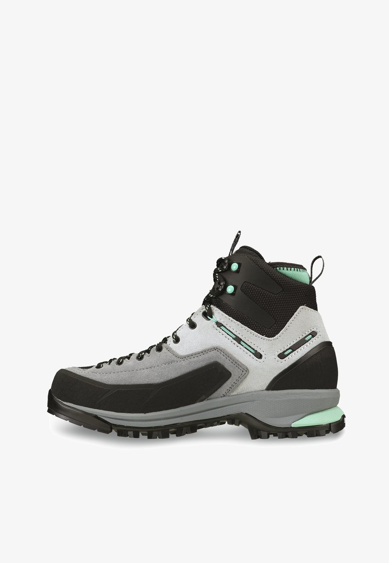 Hiking boot featuring a gray suede upper with black accents, black rubber sole, and turquoise hardware. High-cut design with laces.