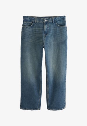 Jeans di denim blu a gamba dritta con bottoni frontali, cerniera, passanti per cintura e tasche, esposti su sfondo bianco.