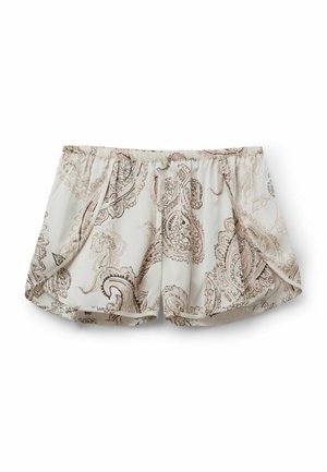 Short en tissu blanc avec motif cachemire beige et marron clair, taille élastique et coupe ample et fluide.