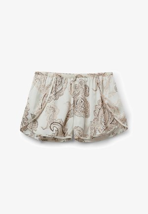 Pantaloncini in tessuto bianco con motivo paisley marrone chiaro e beige, vita elastica e vestibilità ampia e fluida.