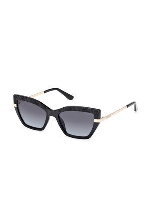 Black cat-eye sunglasses with patterned top frame, gradient dark lenses, and gold metal accents on temples. Smooth, glossy finish.