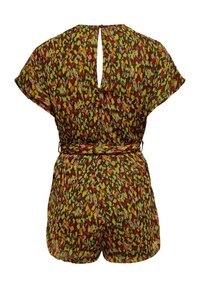 Kombinezon w kwiatowy wzór w kolorze brązowym, akcentowany zielonymi, różowymi i pomarańczowymi odcieniami. Krótkie rękawy, otwarcie na plecach w kształcie łezki oraz w pasie z paskiem.