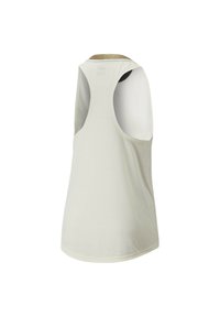 Light beige sleeveless tank top with a smooth texture, round neckline, and a slightly curved hem. Features a metallic accent at the back.