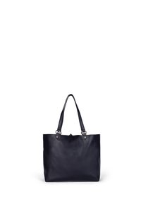 Sort læder tote bag med to solide håndtag, der har dekorativ hardware på siderne, rene linjer og en glat tekstur.