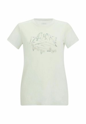 Camiseta blanca de manga corta con un gráfico de un paisaje montañoso y flores, junto con el logo de la marca "Regata" en la parte delantera.
