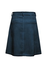 Navy corduroy skirt with a flared shape, featuring two back pockets and belt loops. Textured fabric with vertical ridges, knee-length.
