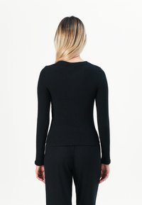 Black long-sleeve top with a fitted ribbed texture, crew neckline, and seamless cuffs, seen from the back.