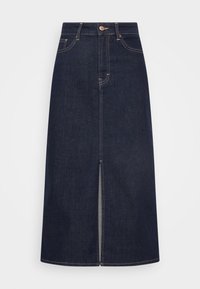 Mörk denimkjol i midilängd med slits framtill, med kontrastsömmar, traditionell design med fem fickor och klassisk knappstängning.