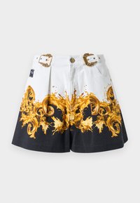 Λευκά και μαύρα σορτς με χρυσό διακοσμητικό μοτίβο μπαρόκ και διακοσμητικές χρυσές αγκράφες στη μέση.