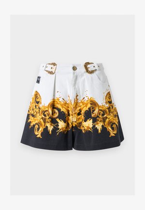 Hvide og sorte shorts med gyldent barokestil ornamental mønster og dekorative guldspænder på linningen.