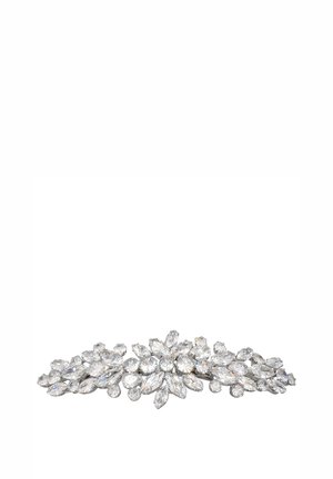 Accessorio per capelli in cristallo con pietre trasparenti disposte in un modello floreale, composto da forme marquise e rotonde, su una base in metallo di tonalità argento.