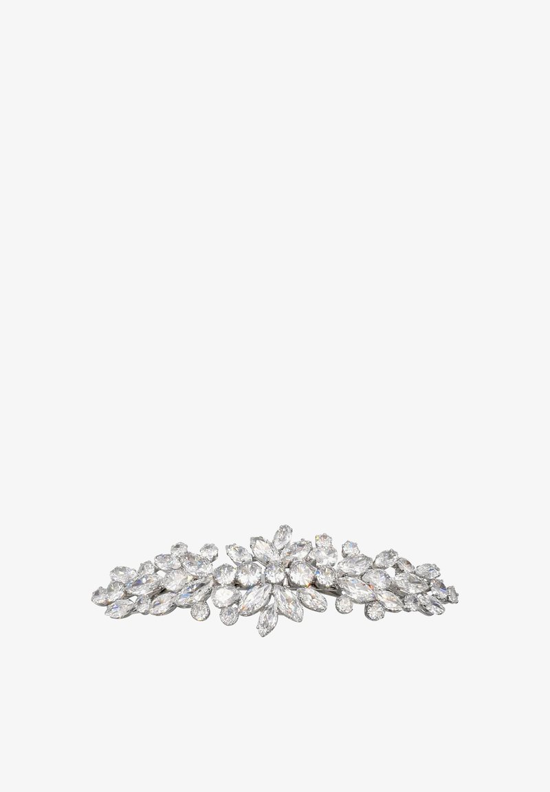 Accessoire capillaire en cristal mettant en avant des pierres claires en forme de marquise et de rond, disposées en motif floral sur une base en métal de couleur argent.