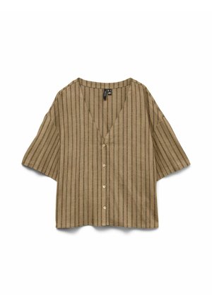 Blouse à manches courtes rayée verticale marron et beige avec col en V et quatre boutons devant, étalée à plat sur un fond blanc.