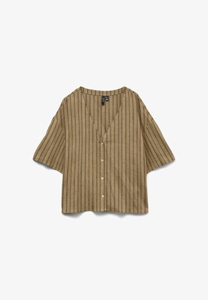 Blouse à manches courtes rayée verticale marron et beige avec col en V et quatre boutons devant, étalée à plat sur un fond blanc.
