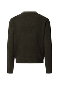 Tamnozeleni pleteni pulover dugih rukava prikazan sa stražnje strane, s okruglim izrezom i rebrastim manžetama i rubom.