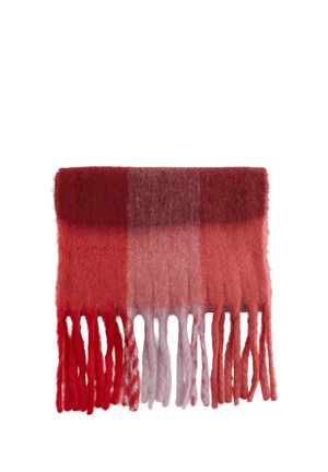 Sciarpa morbida piegata con ampie strisce orizzontali in tonalità di rosso e rosa, con lunghe frange su un bordo.