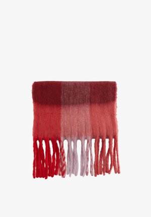Écharpe douce pliée avec de larges rayures horizontales dans des tons rouges et roses, avec de longues franges sur un bord.