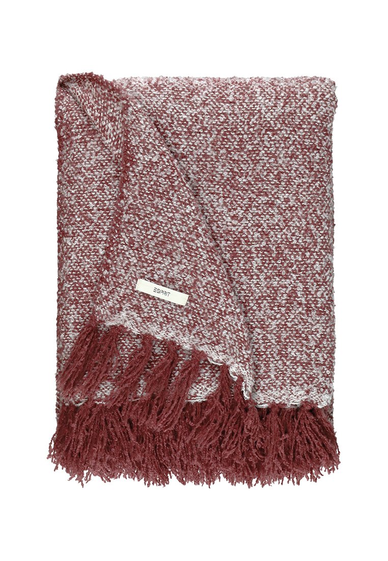 Couverture tissée à texture douce en rouge et blanc atténués, ornée de grosses franges et d'une étiquette de marque Esprit.