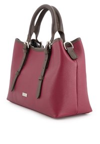 Structured handbag in smooth burgundy leather with brown leather straps, silver hardware, and a flat base for stability.