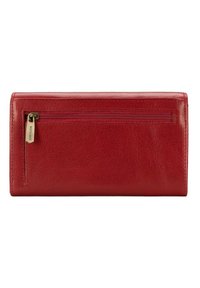 Portafoglio in pelle rossa con una superficie liscia, dotato di un compartimento con zip sul retro e eleganti dettagli di cucitura.
