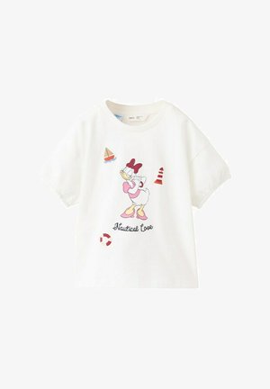 Maglietta bianca con anatra dei cartoni animati che indossa scarpe rosa e fiocco, icone nautiche e testo "Nautical Love" sul davanti.