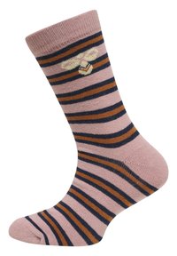Stripede sokker i pink med marineblå og brune striber. Har et broderet bi-design nær toppen. Fremstillet af blødt, strækbart materiale.