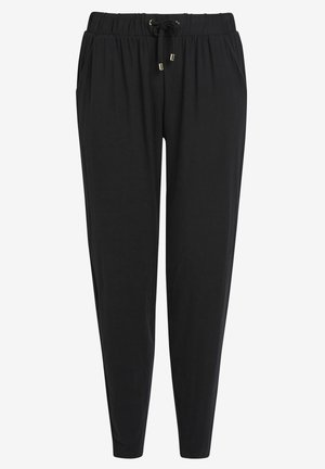 Pantalons de jogging noirs avec une texture douce, taille élastique, cordon de serrage réglable et poches latérales. Design simple, coupe fuselée aux chevilles.
