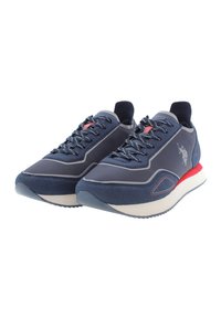 Navy sneakers with a smooth synthetic upper and suede accents, featuring lace-up closure, a red midsole, and embossed logo detail.