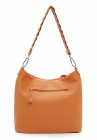 Borsa a tracolla in pelle arancione con finitura testurizzata, dotata di una tracolla intrecciata e una tasca esterna con zip per un ulteriore spazio di stoccaggio.
