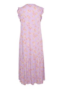 Oblačilo z cvetličnim motivom v svetlem sivem odtenku z kratkimi nabránimi rukavi, nivojskim robom in razpršenimi rožnatimi in rumenimi cvetovi. Mehka tekstura tkanine.