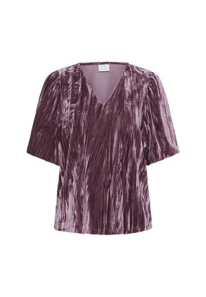 V-Ausschnitt, kurzärmliges Oberteil aus reichhaltigem Pflaumenvelours mit einer Stoffstruktur, die vertikale Linien aufweist. Einfaches Design, keine sichtbaren Beschläge oder Akzente.
