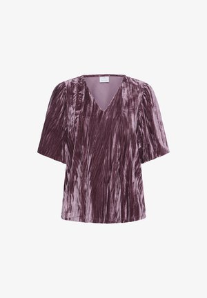 Top à col en V, à manches courtes, en velours riche couleur prune avec une texture de tissu présentant des lignes verticales. Design simple, sans quincaillerie ni accents visibles.