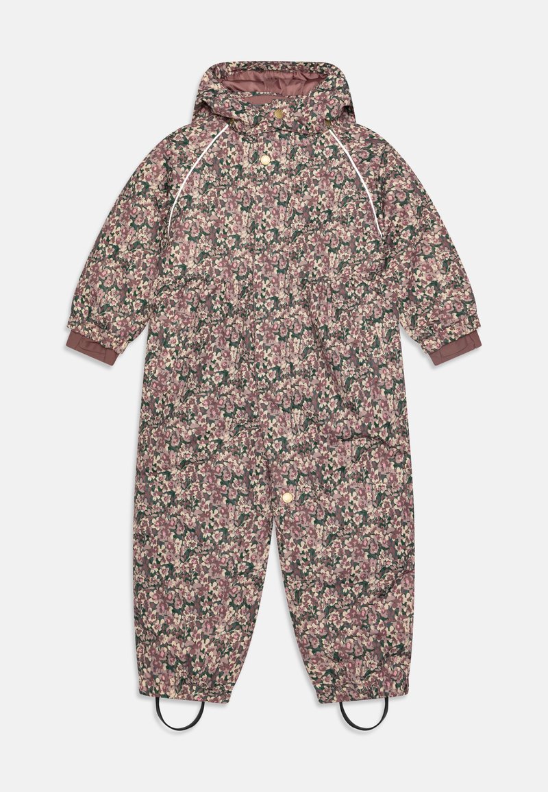 Barnoverall med blommönster i mörkrosa, grön och crème. Har en huva, elastiska ärmslut och förstärkta stövelremmar. Vattentätt material.