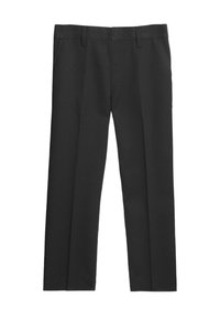 Pantaloni neri a gamba dritta in un tessuto liscio, con vita dotata di passanti per cintura e due tasche laterali. Sartoriali per una silhouette pulita.