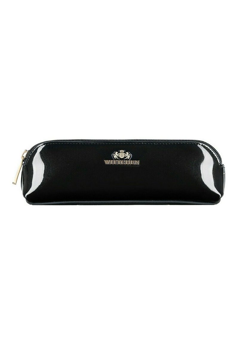 Trousse en cuir verni noir avec fermeture éclair, accent logo doré, forme arrondie et texture lisse. Idéale pour les fournitures de bureau.
