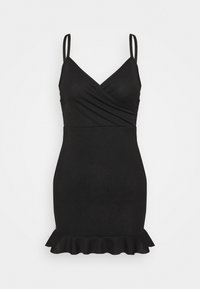 Černé přiléhavé šaty s výstřihem do V, tenkými ramínky a volánkovým lemem. Vyrobené z hladkého materiálu s elegantním, minimalistickým designem.