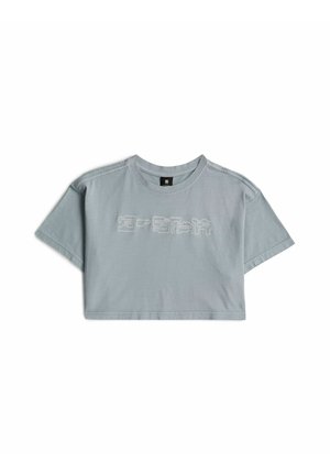 Hellgraues kurzärmeliges, kurz geschnittenes T-Shirt mit Rundhalsausschnitt und dezentem, weiß besticktem Text auf der Vorderseite.