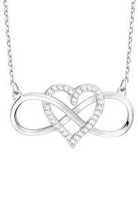 Silversmycke med en oändlighetssymbol som är ihopflätad med ett hjärta, prydd med små, klara ädelstenar längs hjärtats kant.