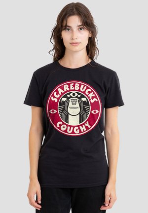Black cotton t-shirt featuring a large circular graphic. Design includes the words "Scarebucks" and "Coughy" with a central character illustration.
